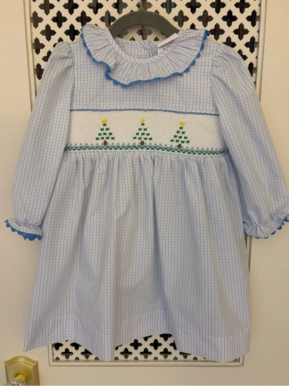 Stichy Fish 3T Classic Blue Checked Smocked Kids Dress with Tree Motif